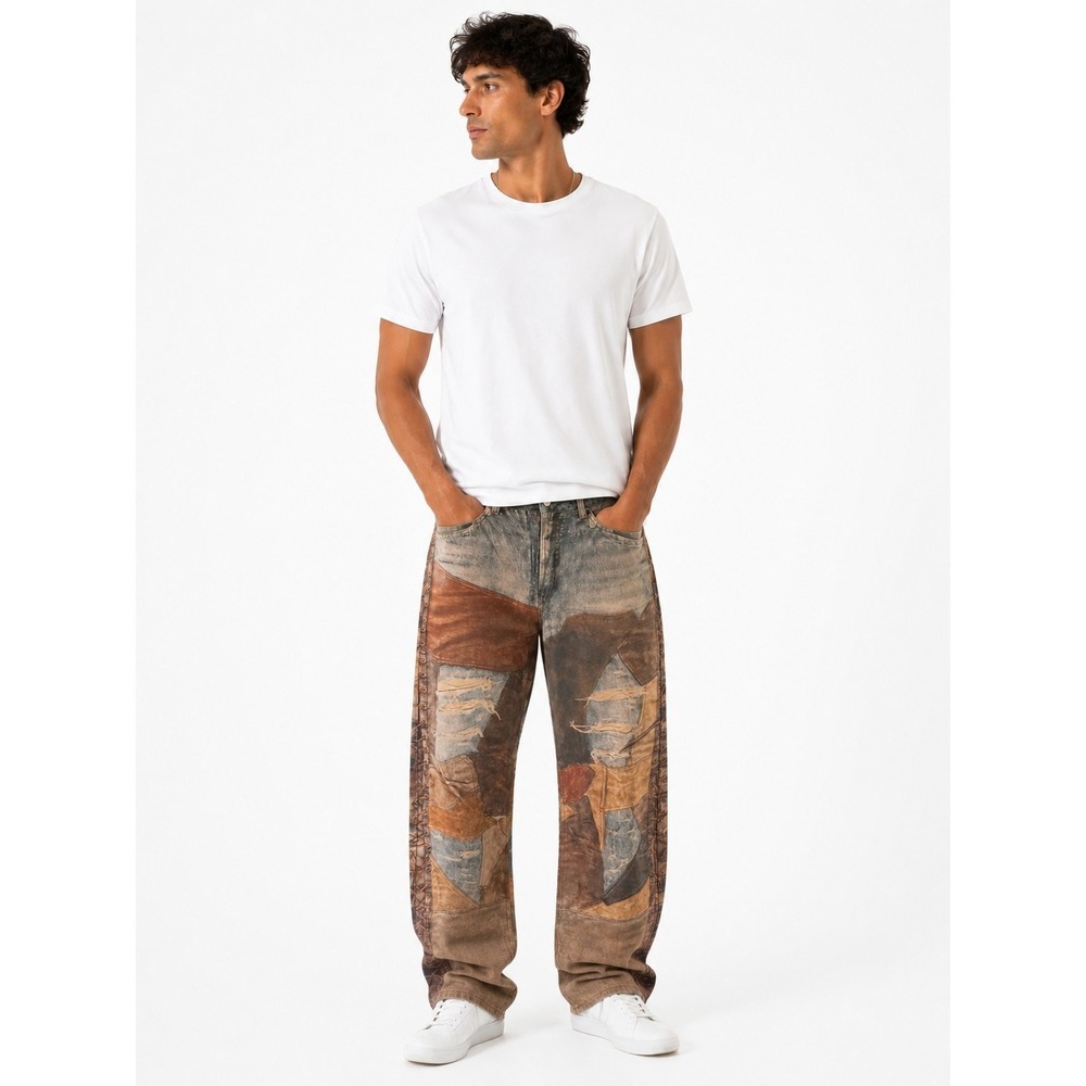 Acne Studios Blue/Brown Patchwork Printed Wide-Leg Jeans Size 29